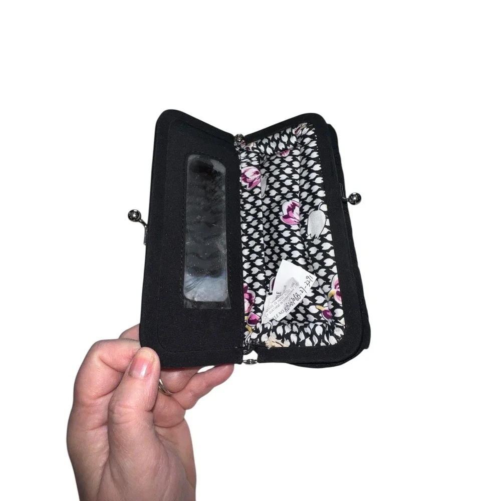 SOLD Vera Bradley Black Quilted Kiss Lock Wallet Sample ID Window Floral Lining - Picture 6 of 11